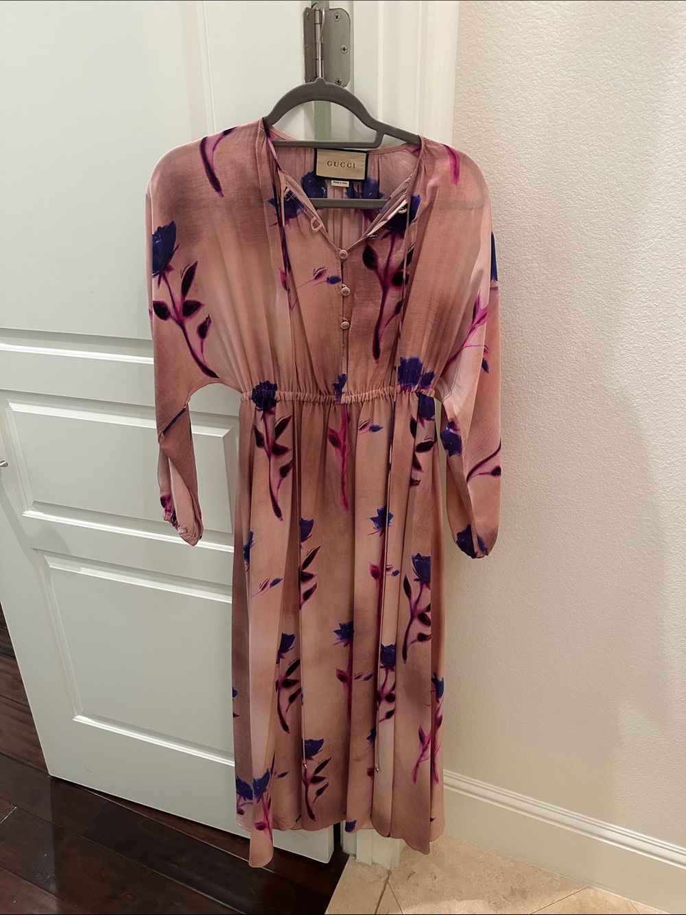 Gucci Dusty Pink Floral Silk Midi Dress with Blue & Fuchsia Accents